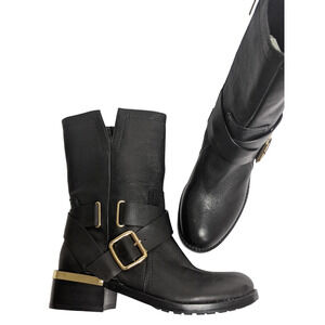 Vince Camuto 6 black leather Wethima boots motorcycle boots gold strap buckle